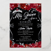 Floral Ruby Red Black Mis Quince Quinceanera Folieneinladung (Vorderseite)