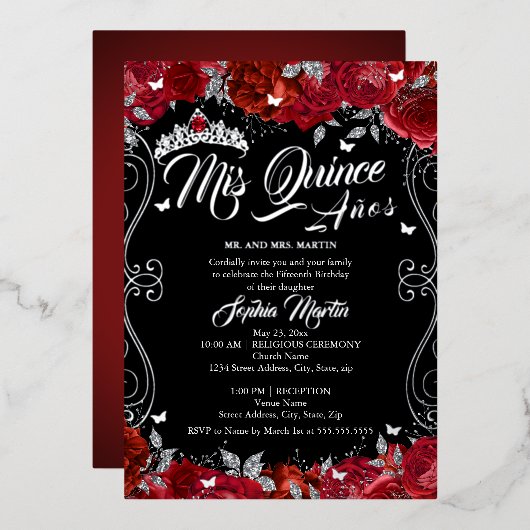 Floral Ruby Red Black Mis Quince Quinceanera Folieneinladung (Vorderseite/Rückseite)