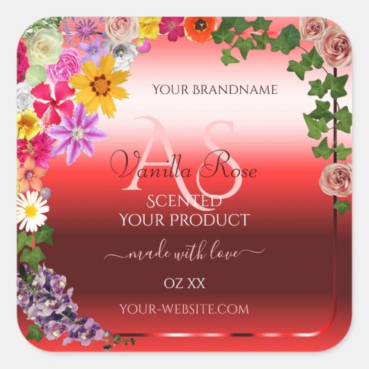Floral Ruby Red Gradient Product Labels Monogram Quadratischer Aufkleber (Vorderseite)