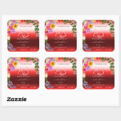 Floral Ruby Red Gradient Product Labels Monogram Quadratischer Aufkleber (Blatt)