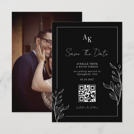 Floral Rustic Black Elegant Photo Back QR Wedding Save The Date (Vorne/Hinten)