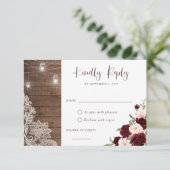 Floral Rustic Burgundy Wood Lace String Lights Einladung (Stehend Vorderseite)