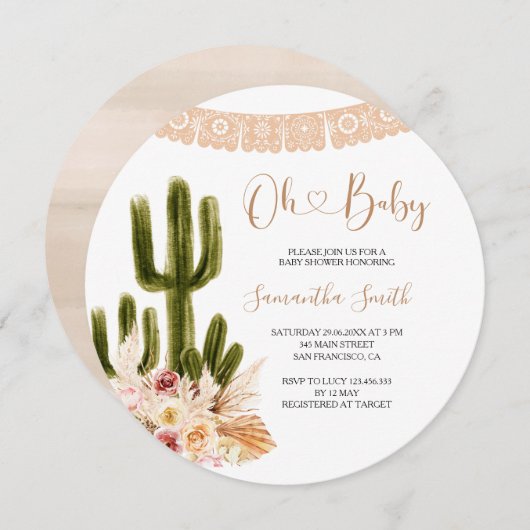 Floral Rustic Cactus Baby Shower Einladung (Vorne/Hinten)
