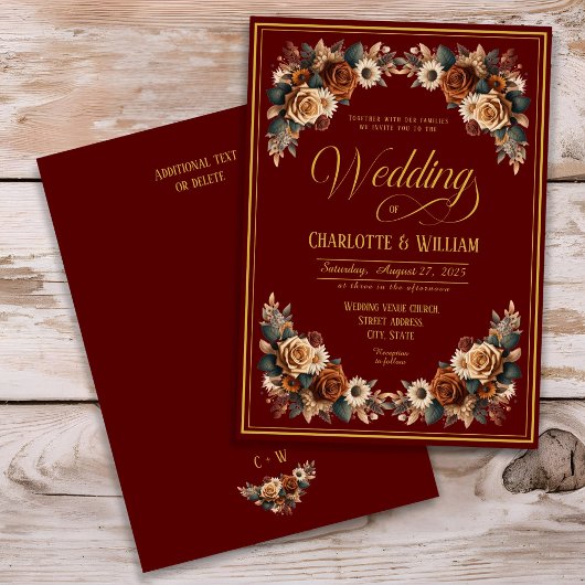 Floral Rustic Chic Burgundy Wedding Einladung