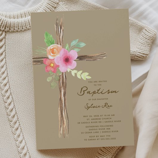 Floral Rustic Cross Baptism Invitation Einladung