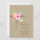 Floral Rustic Cross Baptism Invitation Einladung (Vorderseite)