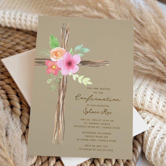 Floral Rustic Cross Confirmation Invitation Einladung