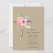 Floral Rustic Cross Confirmation Invitation Einladung (Vorderseite)