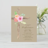 Floral Rustic Cross Confirmation Invitation Einladung (Stehend Vorderseite)