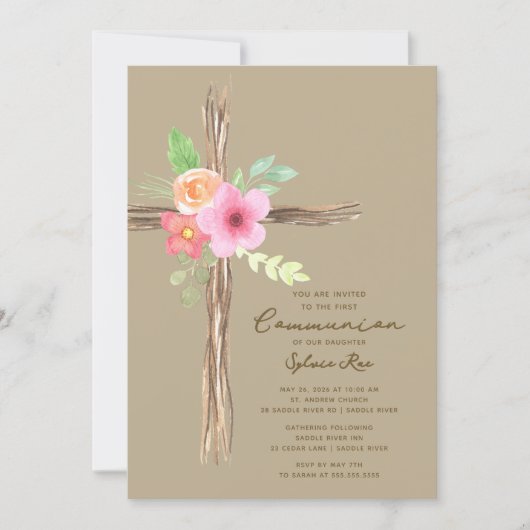 Floral Rustic First Communion Invitation Einladung (Vorderseite)