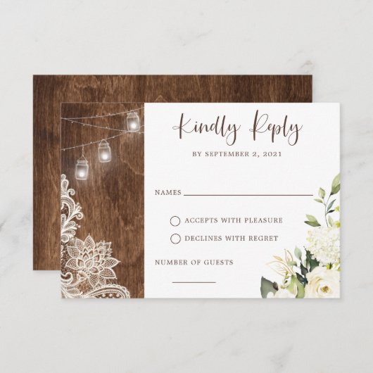 Floral rustic Holz Spitzen Lichter Mason Jar Einladung (Vorne/Hinten)