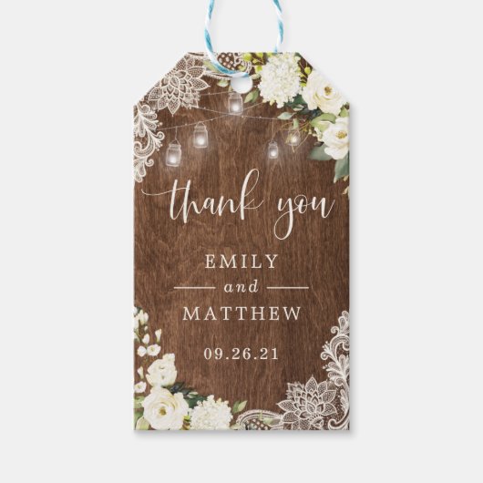 Floral rustic Holz Spitzen Lichter Mason Jars Geschenkanhänger (Vorderseite)