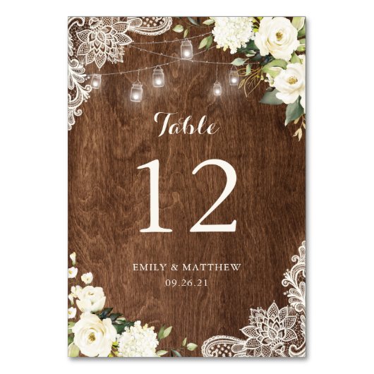 Floral rustic Holz Spitzen Lichter Mason Jars Tischnummer (Vorderseite)