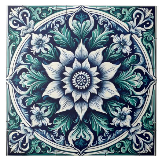 Floral Rustic Indigo Greenish Blue Azulejos Fliese (Vorderseite)