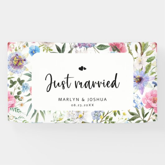 Floral Rustic Just heiratete Mr. und Mrs. Wedding Banner (Horizontal)