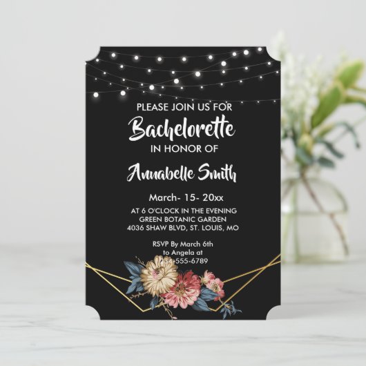 Floral Rustic Magnolia String Lights bachelor Einladung (Stehend Vorderseite)