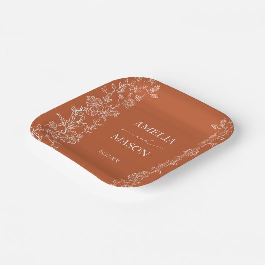 Floral Rustic Terracotta Paper Wedding Pappteller (Gewinkelt)