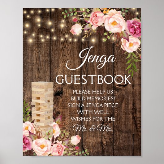 Floral Rustic Wedding Jenga Gästebuchsigne Poster (Vorne)