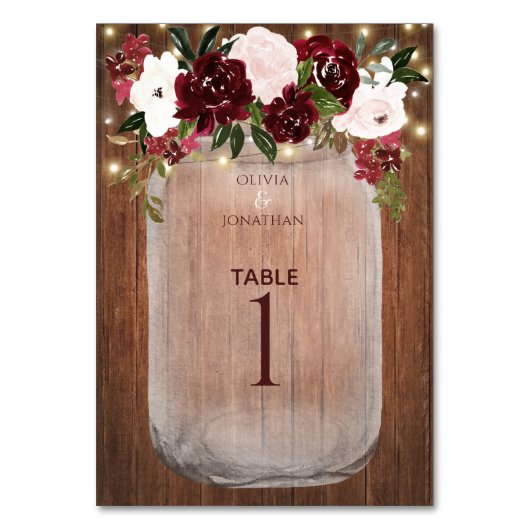 Floral Rustic Wood Burgundy Mason Jar Wedding Tischnummer (Rückseite)