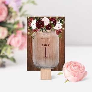 Floral Rustic Wood Burgundy Mason Jar Wedding Tischnummer