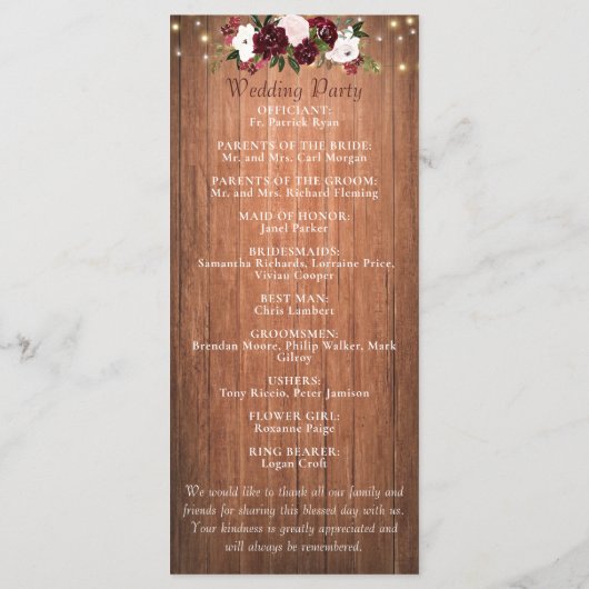 Floral Rustic Wood Mason Jar Burgundy Wedding Programm (Rückseite)