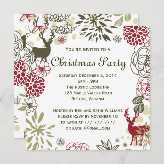 Floral Rustikale Hirsche Weihnachten Party Einladu Einladung (Vorne/Hinten)