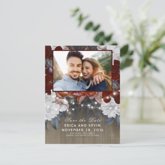 Floral Rustisches Foto aus Holz und Licht Save the Ankündigungspostkarte (Stehend Vorderseite)