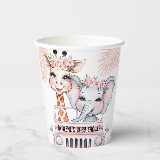 Floral Safari Adventure Pink Girl Baby Dusche Pappbecher (Vorderseite)