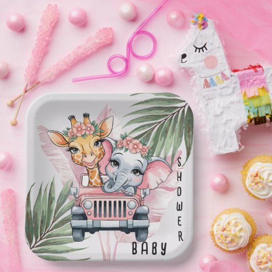 Floral Safari Adventure Pink Girl Baby Dusche Pappteller (Party)