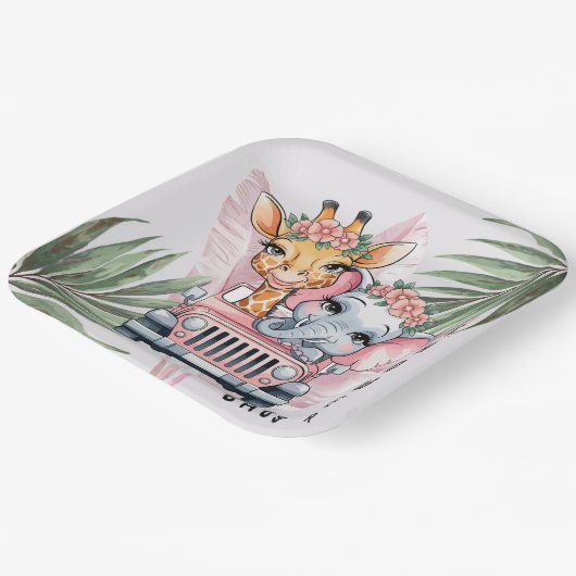 Floral Safari Adventure Pink Girl Baby Dusche Pappteller (Gewinkelt)