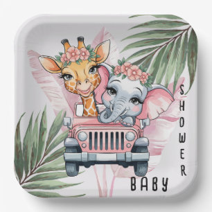 Floral Safari Adventure Pink Girl Baby Dusche Pappteller