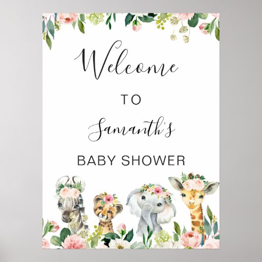 Floral Safari Animals Baby Dusche Begrüßungszeiche Poster (Vorne)