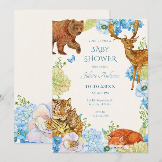 Floral safari Wald Mutter Natur Babydusche Einladung (Vorne/Hinten)