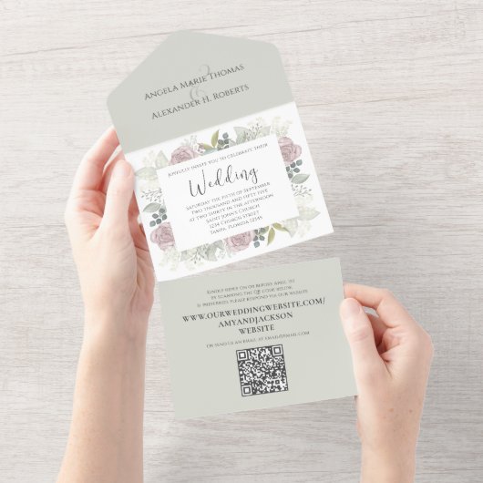 Floral Sage Dusty Rose Classic Greenery QR Code All In One Einladung (Abreißen)