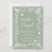 Floral Sage Green Botanical Fun All In One Wedding Einladung (Vorderseite)