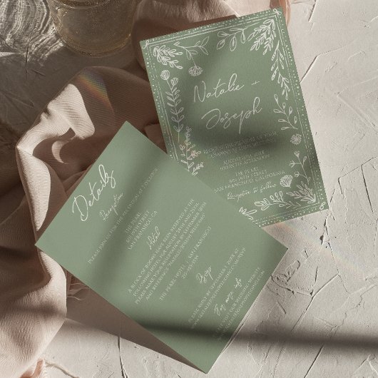 Floral Sage Green Botanical Fun All In One Wedding Einladung