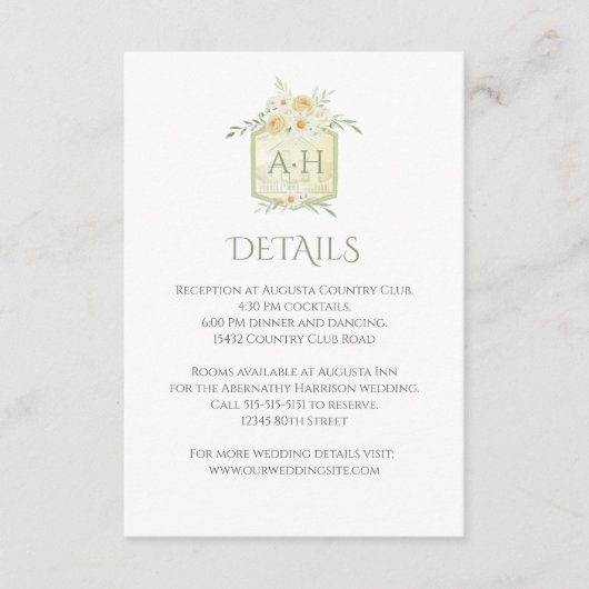 Floral Sage Watercolor Monogram Crest Details Begleitkarte (Vorderseite)