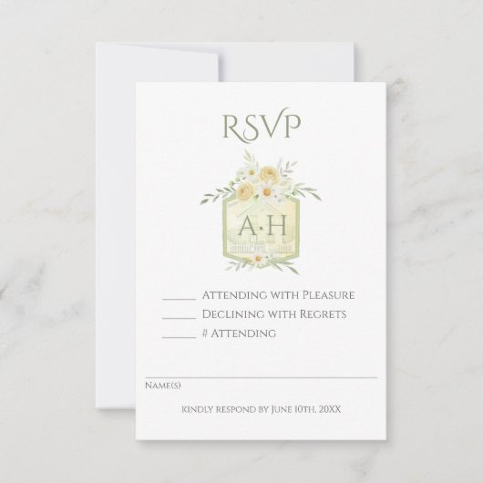 Floral Sage Watercolor Monogram Crest Wedding RSVP Karte (Vorderseite)