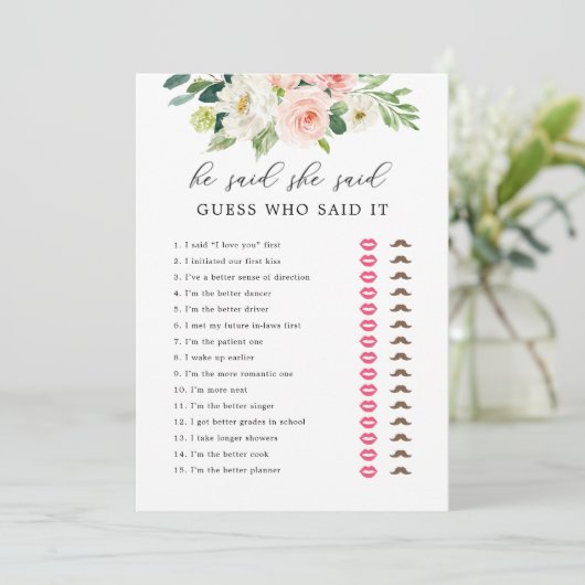 Floral sagte er, sie sagte Brautparty-Spielkarten Einladung (Stehend Vorderseite)