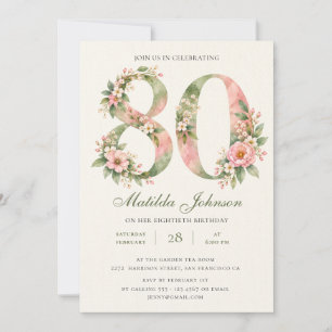 Floral Salbei Grün Dusty Pink 80. Geburtstag Einladung
