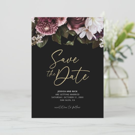 Floral Save the Date, Moody Save the Date Einladung (Stehend Vorderseite)