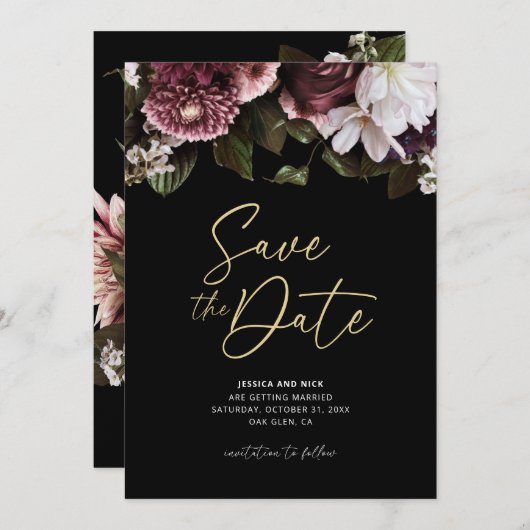 Floral Save the Date, Moody Save the Date Einladung (Vorne/Hinten)