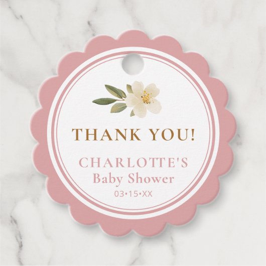Floral Scalloped Thank You Blush Pink Baby Shower Geschenkanhänger (Vorderseite)
