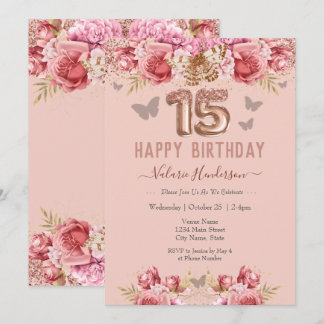 Floral Schmetterlinge Pink Happy 15. Geburtstag In Einladung