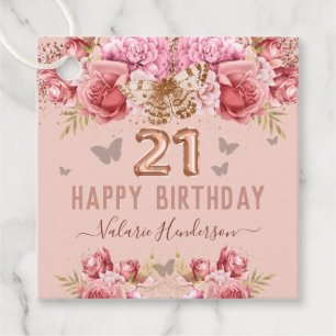 Floral Schmetterlinge Pink Happy 21. Geburtstag Geschenkanhänger