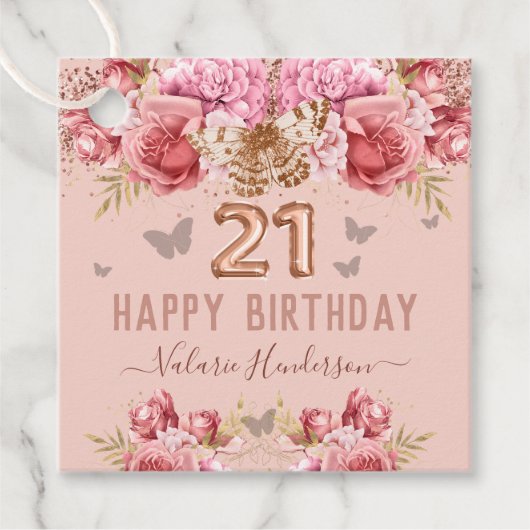 Floral Schmetterlinge Pink Happy 21. Geburtstag Geschenkanhänger (Vorderseite)