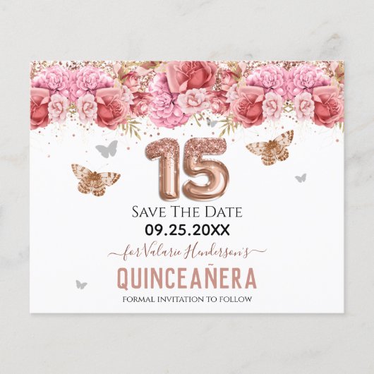 Floral Schmetterlinge Pink Quinceañera Save the Da (Vorderseite)