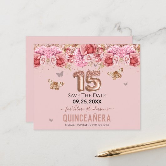 Floral Schmetterlinge Pink Quinceañera Save the Da (Vorderseite/Rückseite Beispiel)