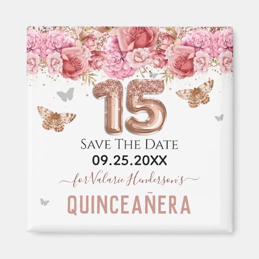 Floral Schmetterlinge Pink Quinceañera Save the Da Magnet (Vorne)