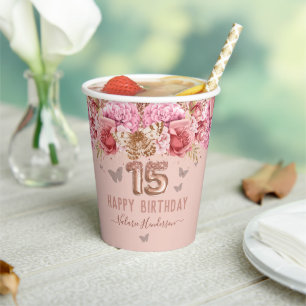Floral Schmetterlinge Rosa Glückwunsch 15. Geburt Pappbecher
